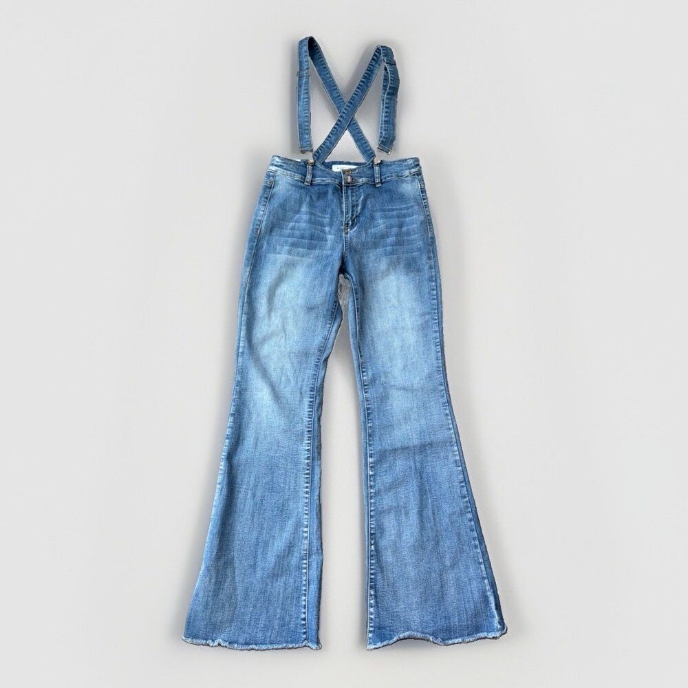 Almost Famous Denim Suspender Overalls Flare Jumpsuit Bell Bottom Jeans Size 9